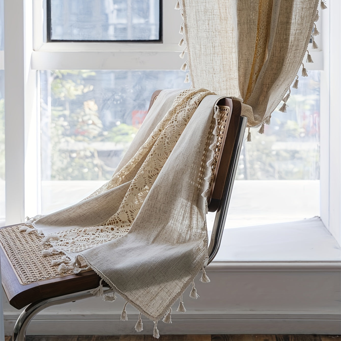 Rideau voilage bohème beige en lin jacquard ajouré à pampilles