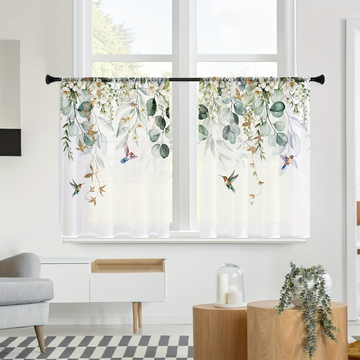 Rideau voilage court à motifs feuillage et colibris (2 panneaux), largeur moins de 100 cm Image