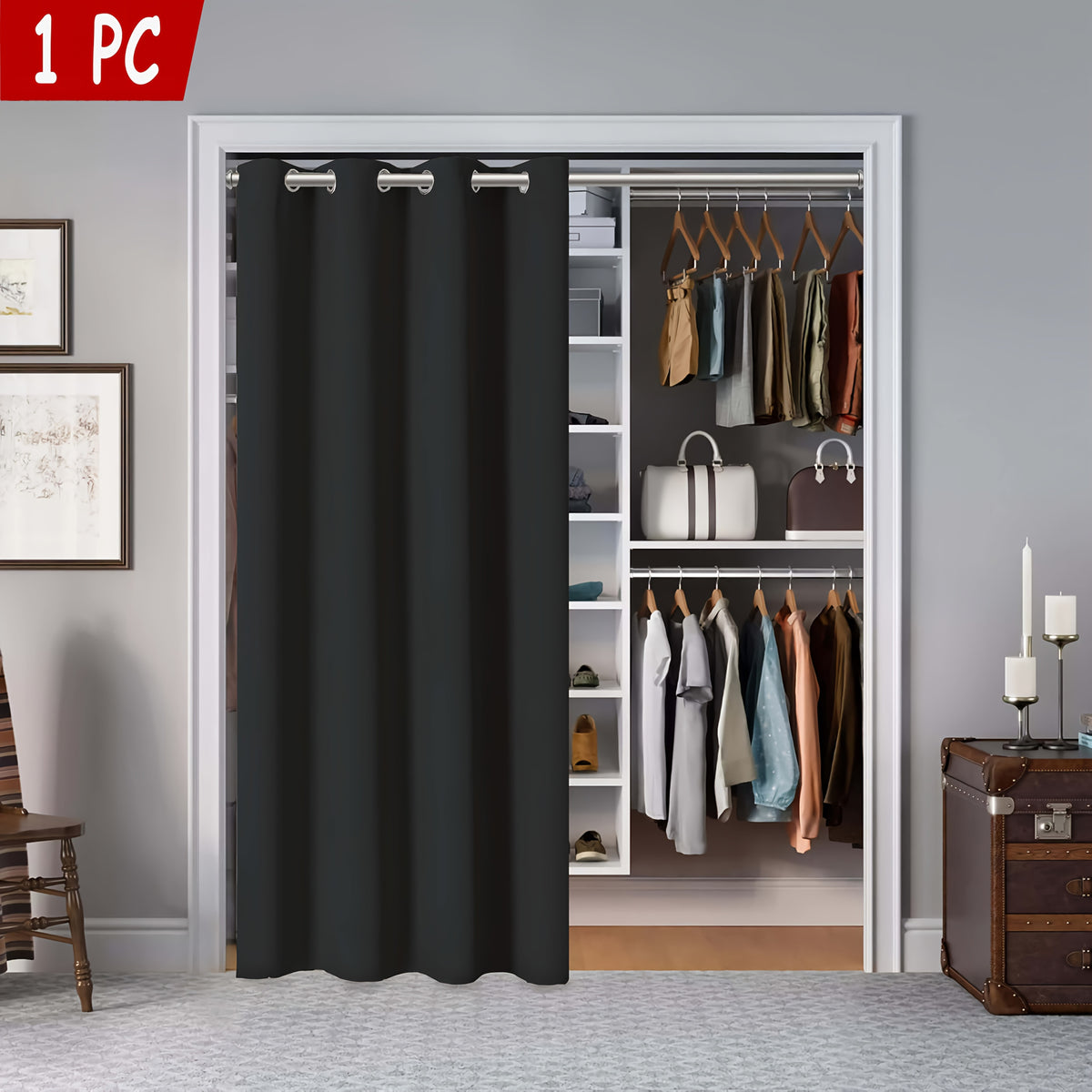 Rideau occultant thermique pour porte et placard en polyester à œillet, noir