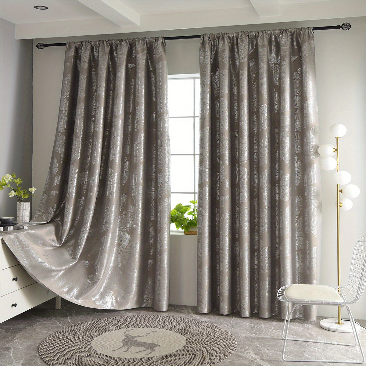 Rideau occultant noir ou gris à motifs feuilles pour salon et chambre