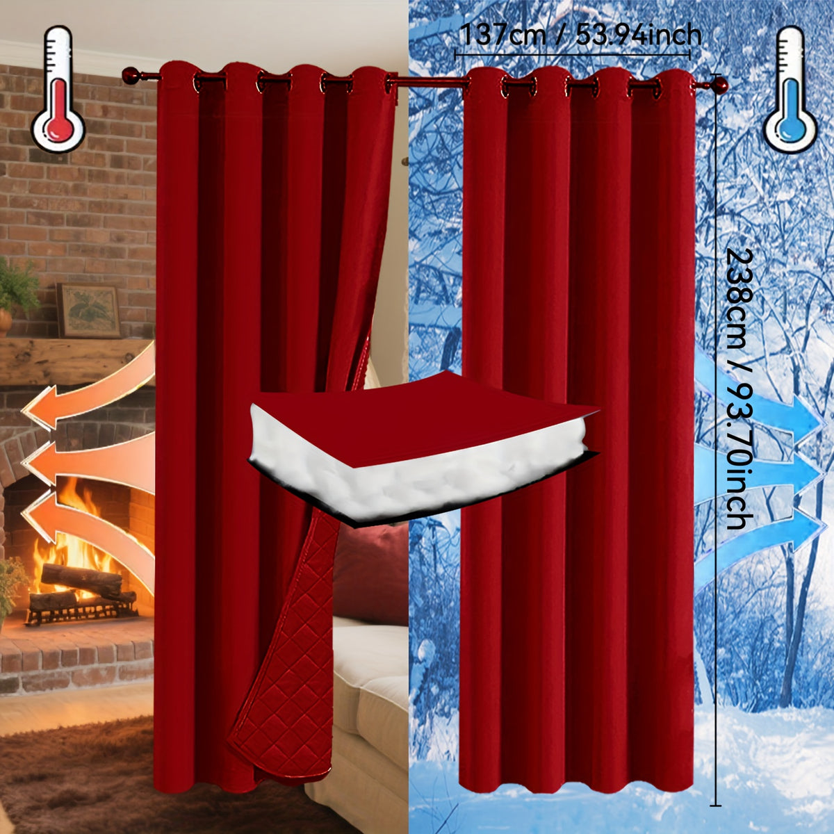 Rideaux occultants thermiques épais à œillets isolants (2 panneaux), rouge