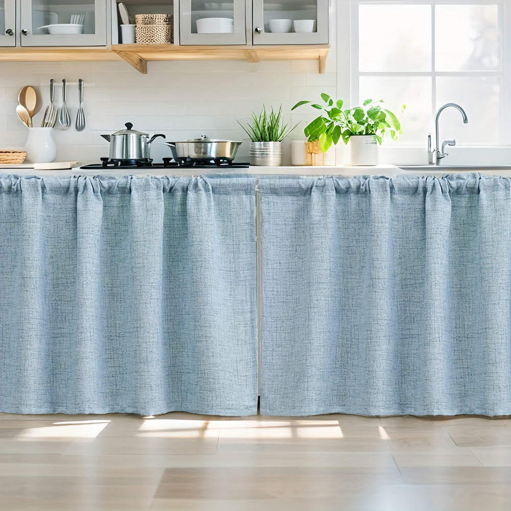 Rideau brise-vue effet lin tamisant pour meuble et cuisine, bleu clair