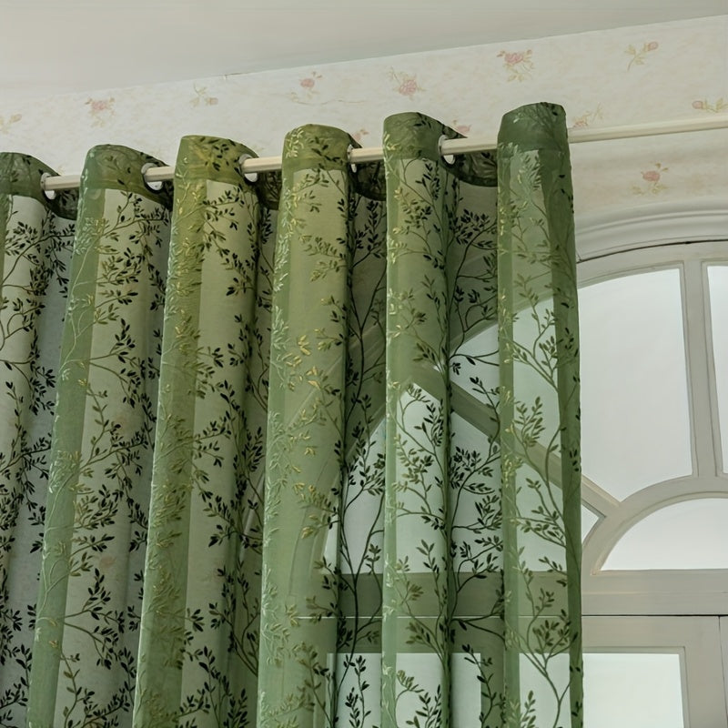 Rideau voilage vert jacquard à motifs branches style vintage