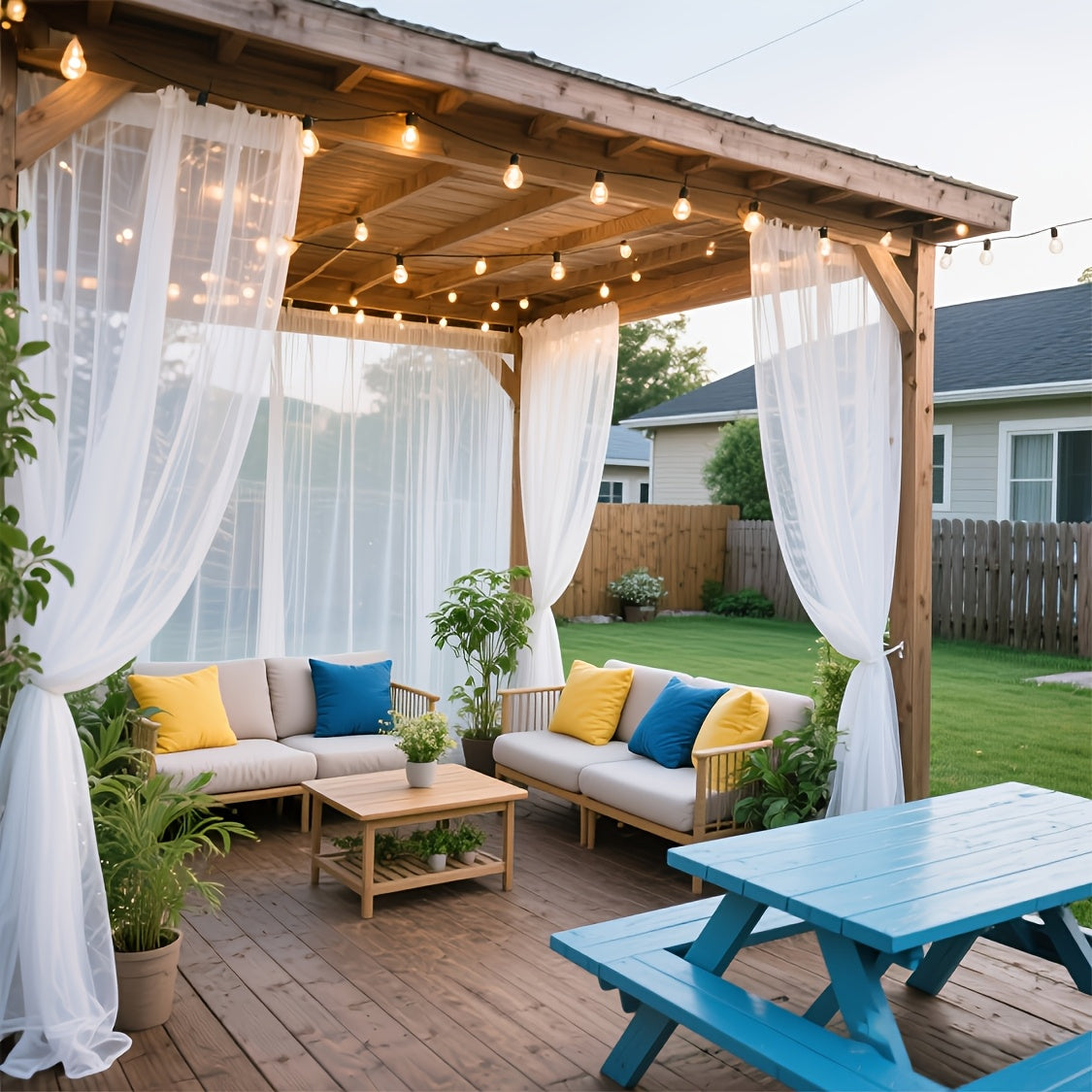 Rideau extérieur voilage blanc pour pergola et terrasse (2 panneaux), largeur 200 à 299 cm