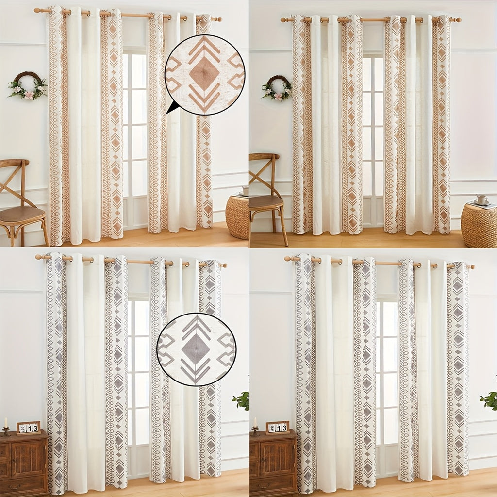 Rideau bohème semi-transparent à œillets motif géométrique losanges, hauteur 200 à 239 cm