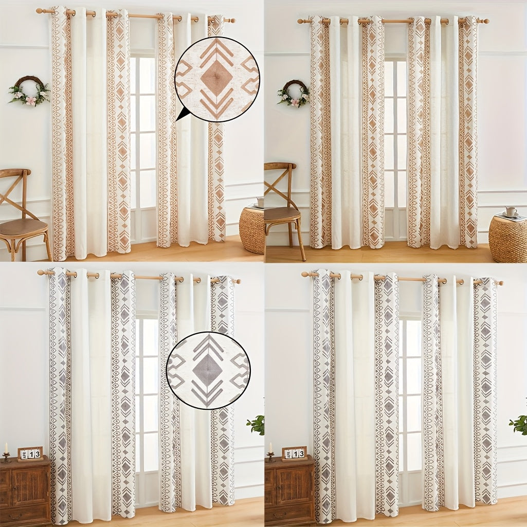 Rideau bohème semi-transparent à œillets motif géométrique losanges