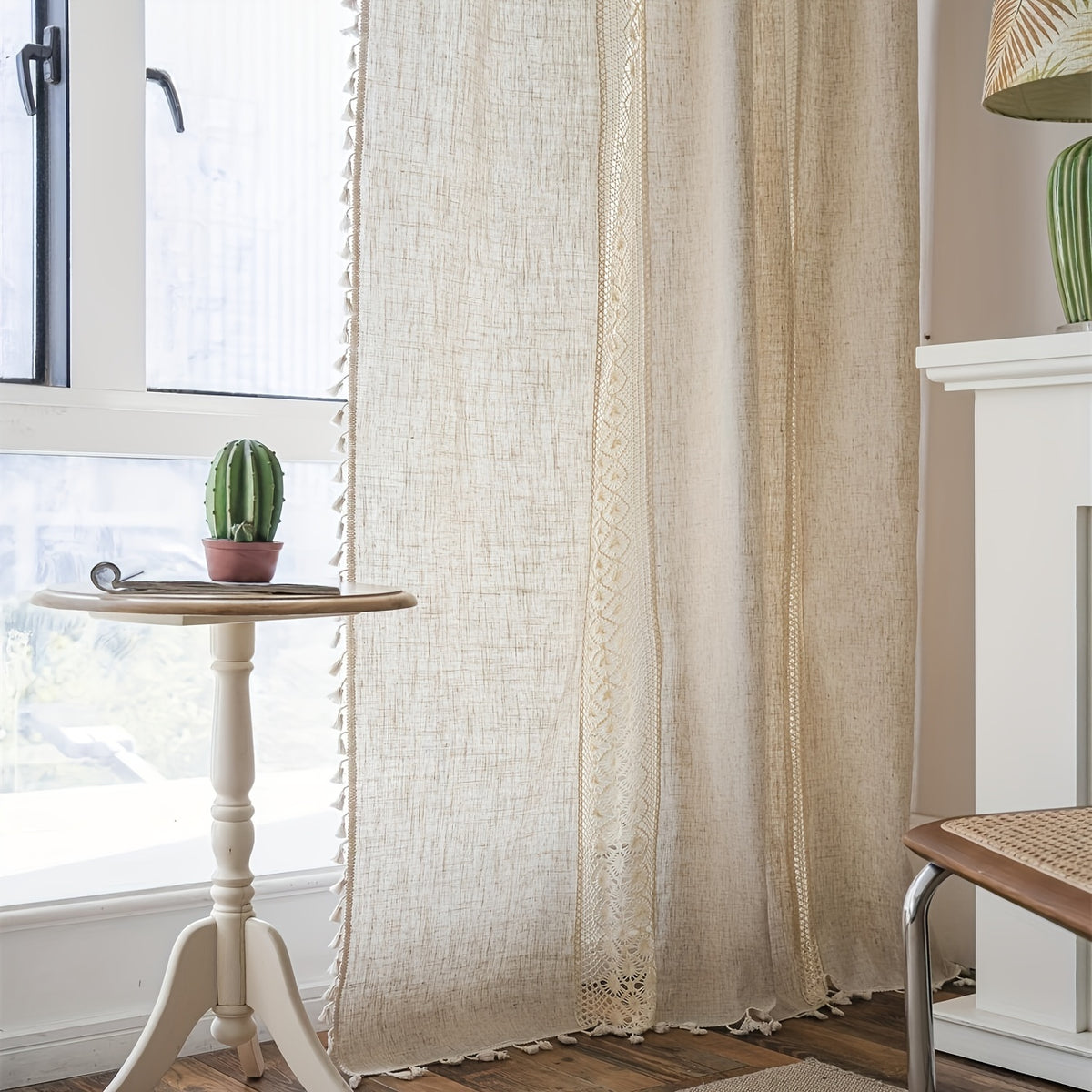 Rideau voilage bohème beige en lin jacquard ajouré à pampilles, largeur 140 à 199 cm