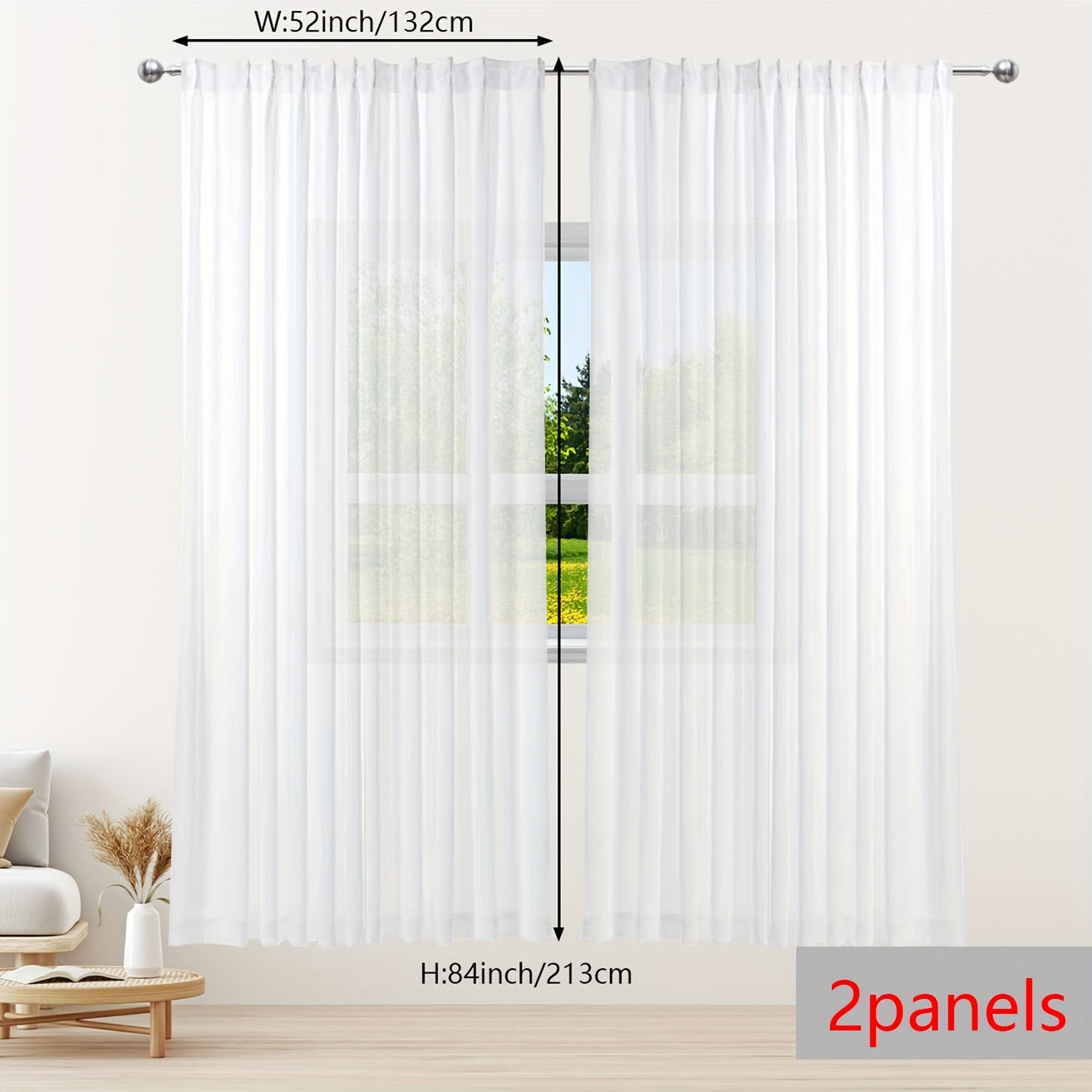 Rideaux voilage blanc semi-opaque à poche tringle pour fenêtre et porte-fenêtre (2 panneaux)