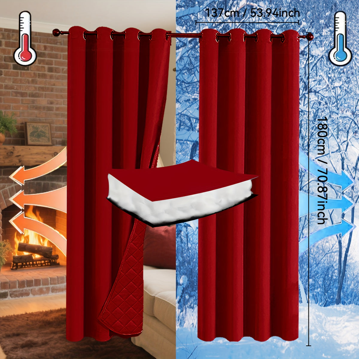 Rideaux occultants thermiques épais à œillets isolants (2 panneaux), rouge