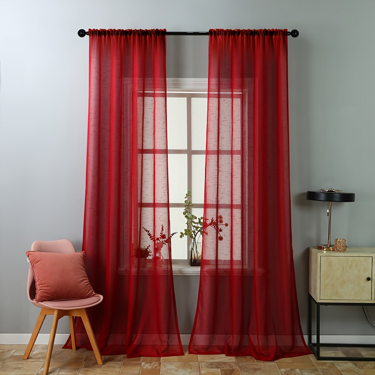 Rideaux voilage rouges tamisants en polyester pour salon et chambre (2 panneaux)