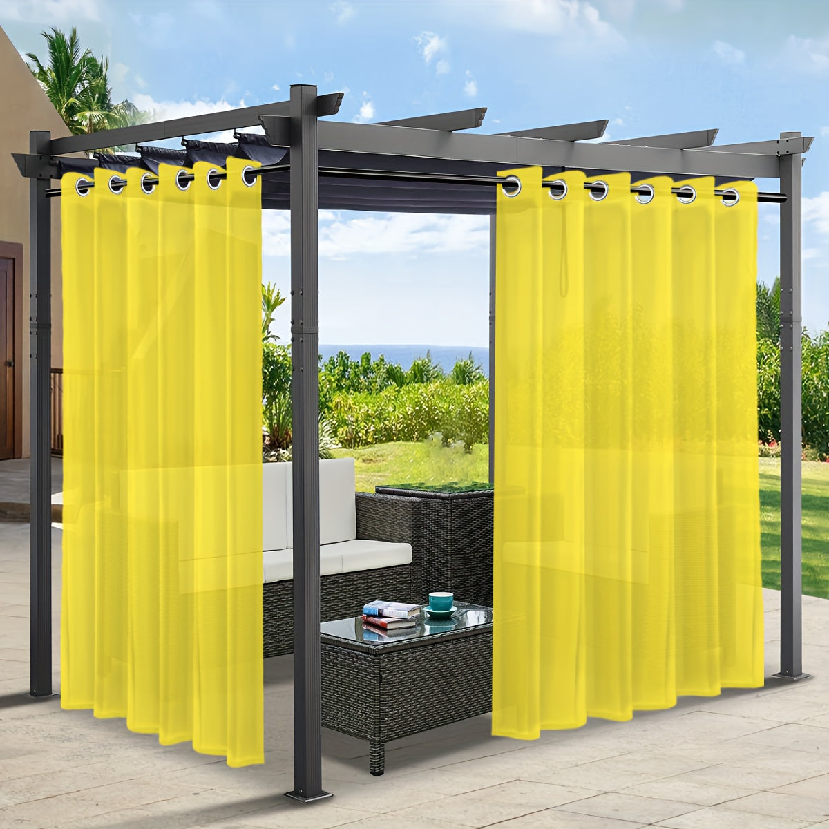 Rideaux voilage extérieur effet lin à œillets pour pergola (2 panneaux)