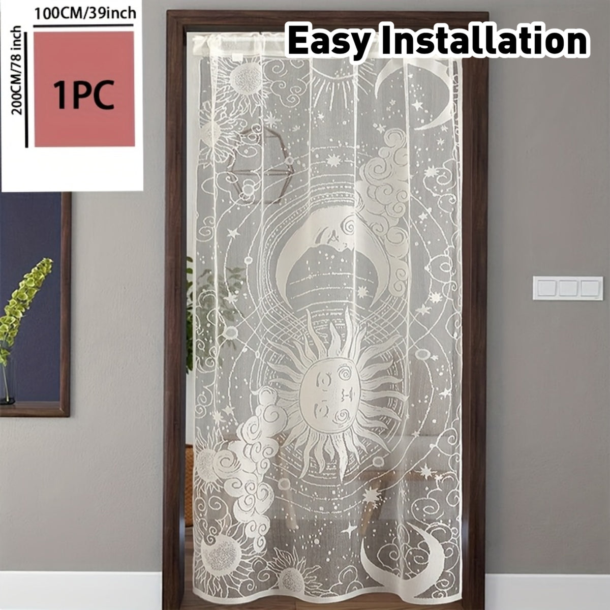 Rideau porte en dentelle soleil et lune semi-transparent en polyester, largeur 100 à 139 cm