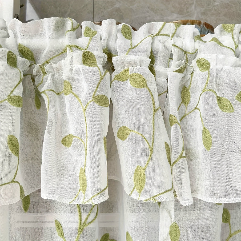 Rideau court double épaisseur brodé feuilles vertes style campagne, blanc/vert