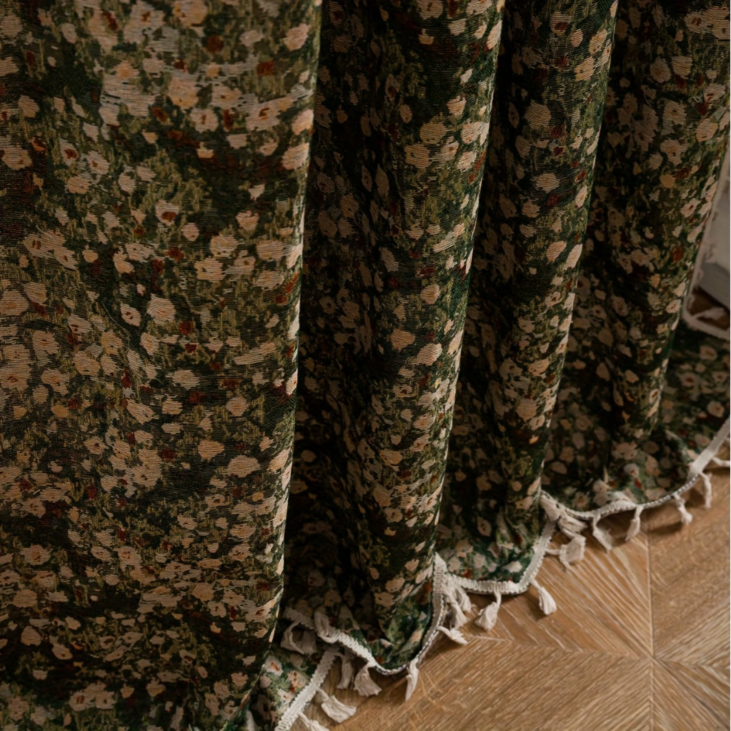 Rideau jacquard fleuri vintage vert tamisant style campagne, hauteur 200 à 239 cm
