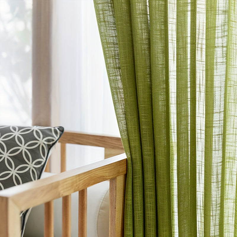 Rideau voilage vert texturé épais effet lin moderne (2 panneaux)