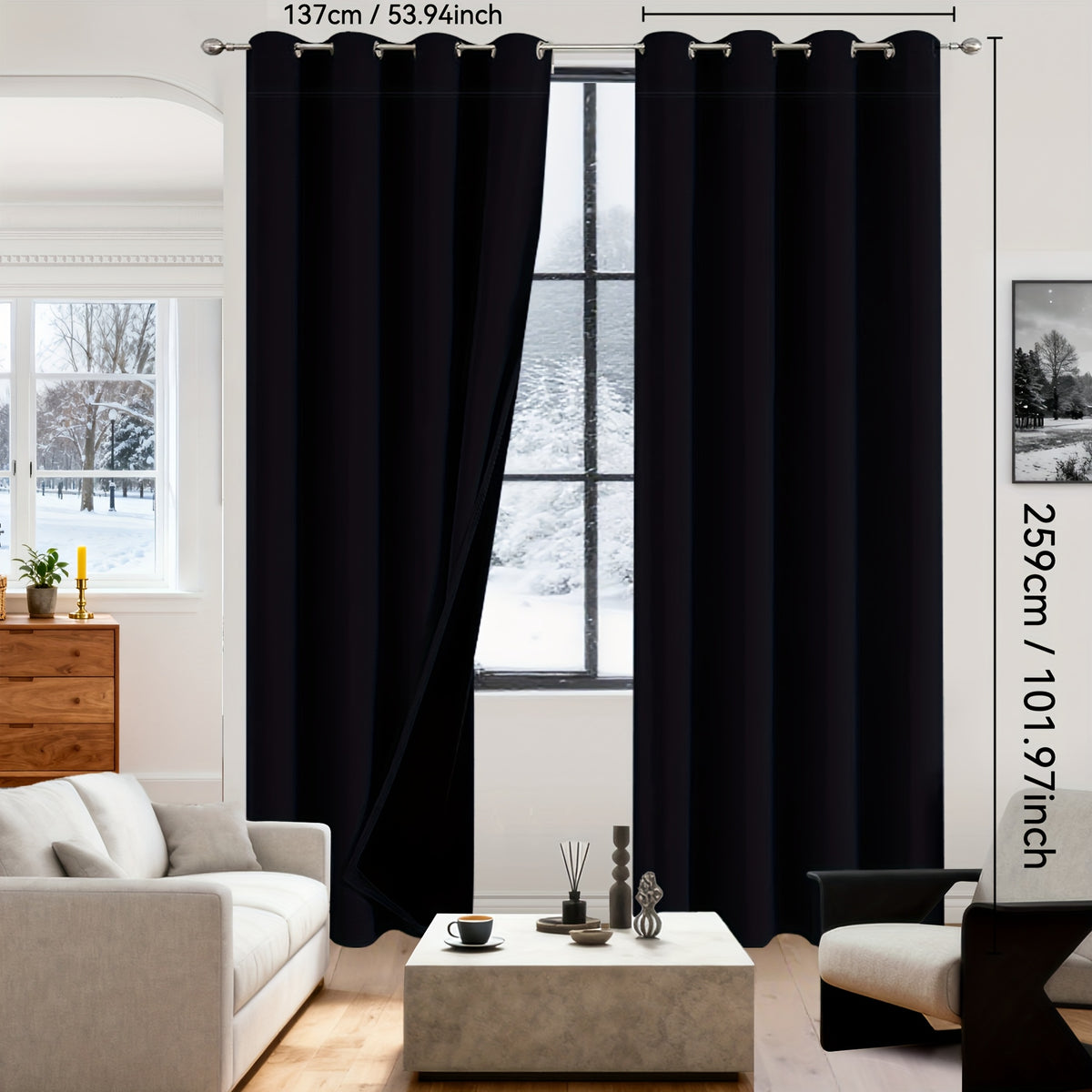 Rideaux occultants 100% blackout en polyester thermique (2 panneaux), noir
