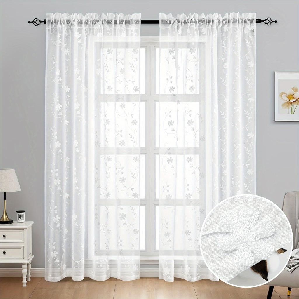 Rideaux voilage brodés fleurs semi-transparents, blanc