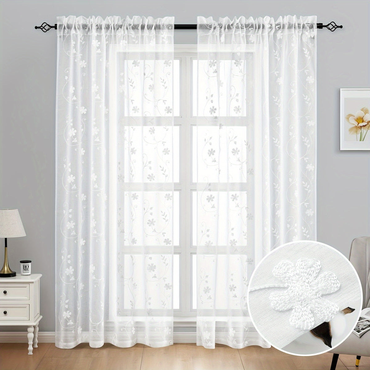 Rideaux voilage brodés fleurs semi-transparents, blanc