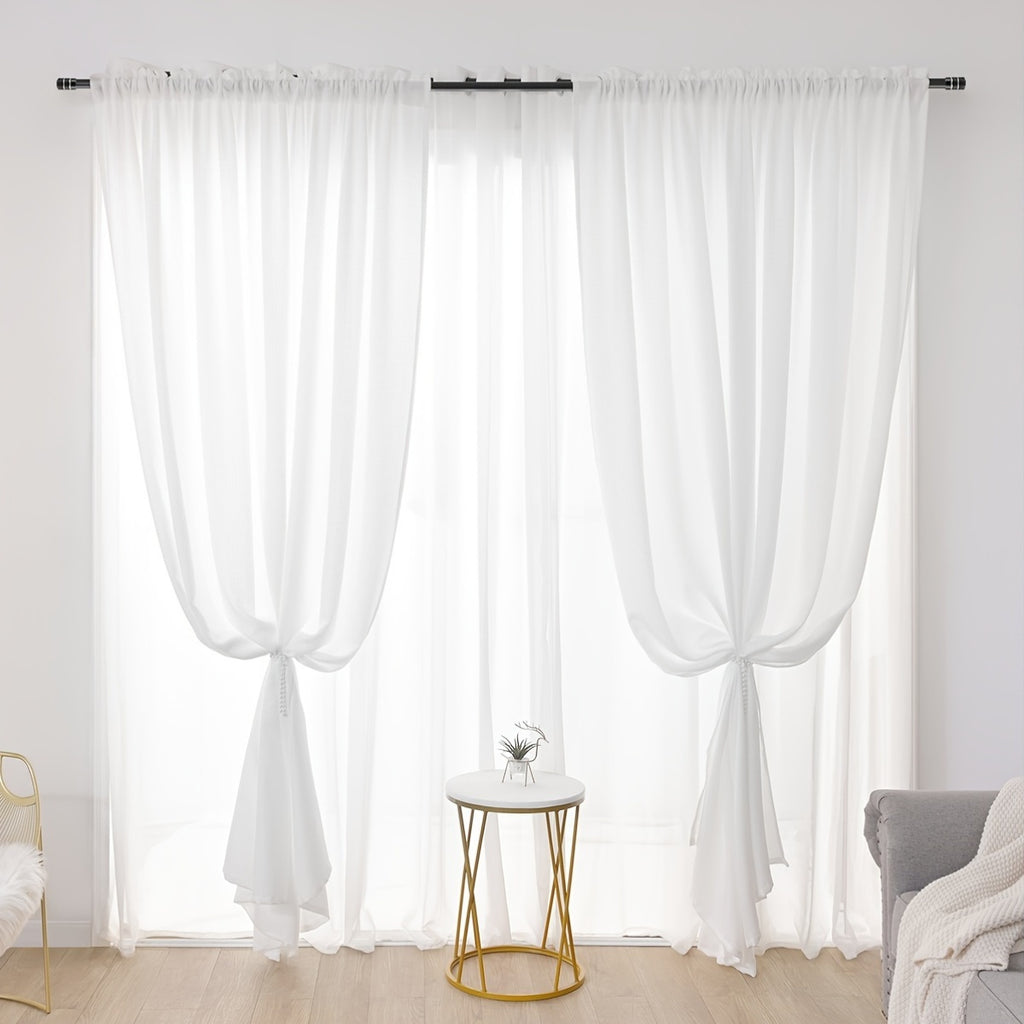 Rideaux voilage blanc semi-transparent effet lin moderne (2 panneaux), largeur 200 à 299 cm