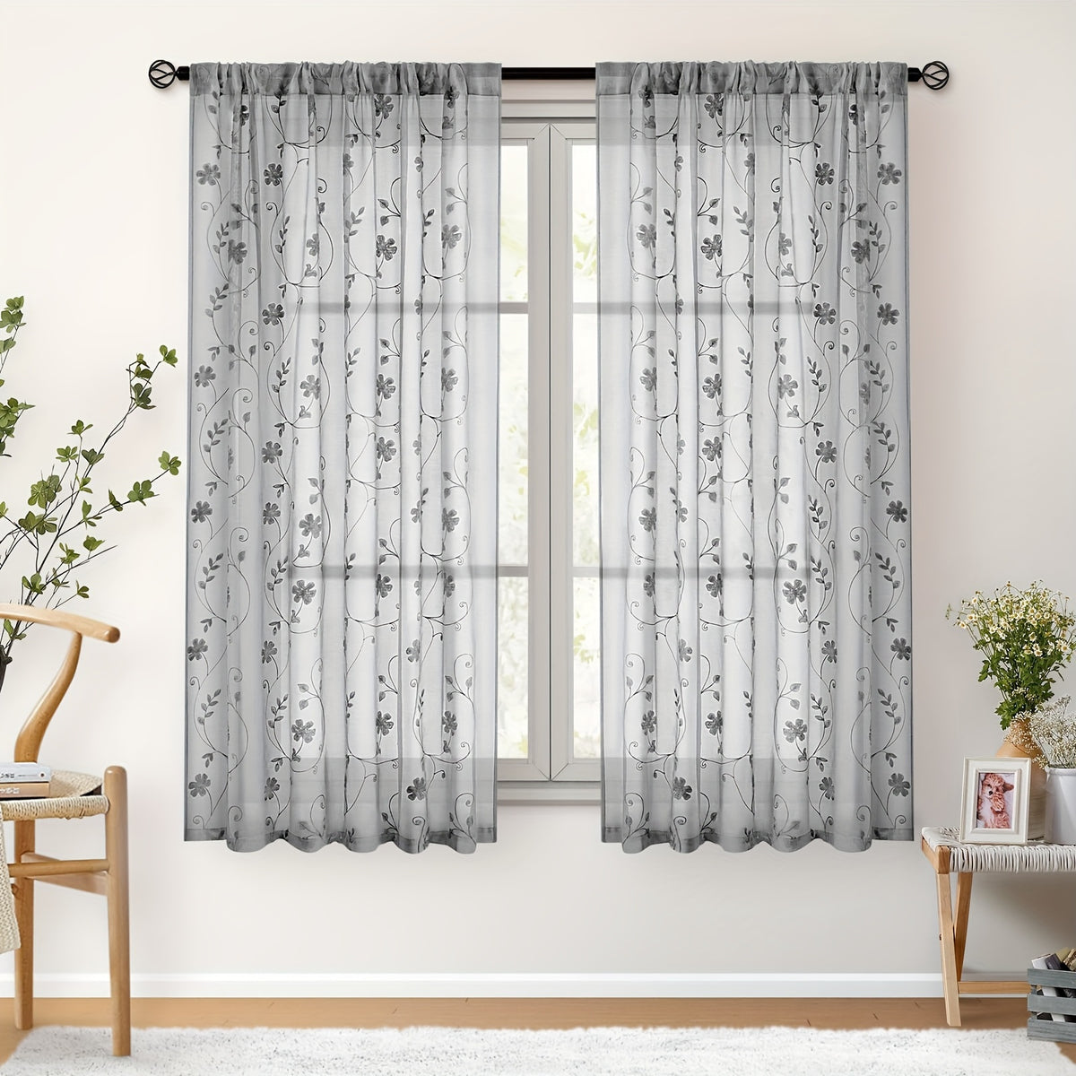 Rideaux voilage brodés fleurs semi-transparents, gris