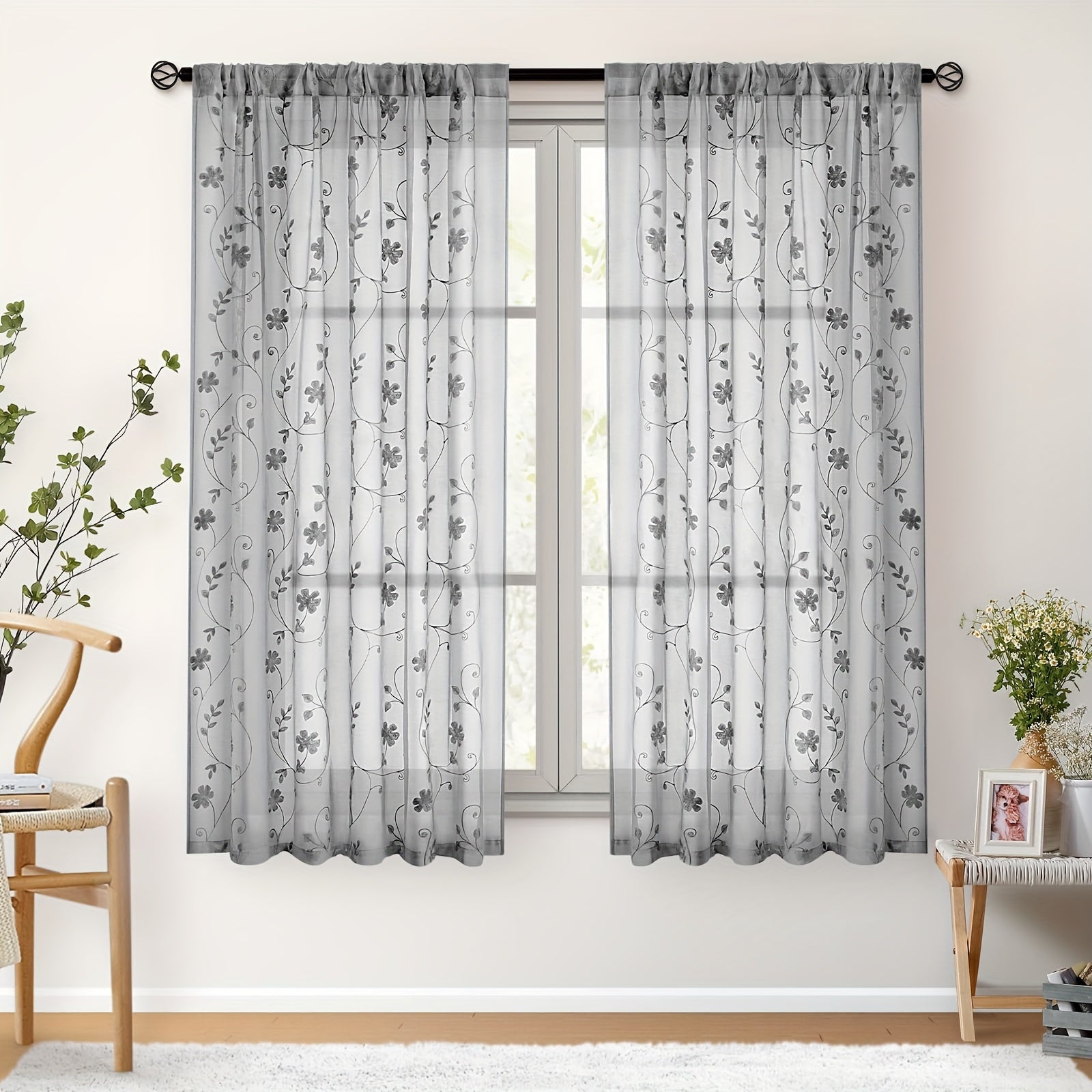 Rideaux voilage brodés fleurs semi-transparents pour salon et chambre (2 panneaux)