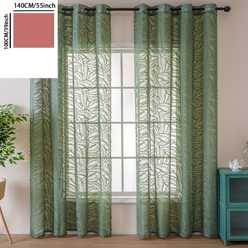 Rideau voilage vert à motifs feuilles ajouré avec œillets