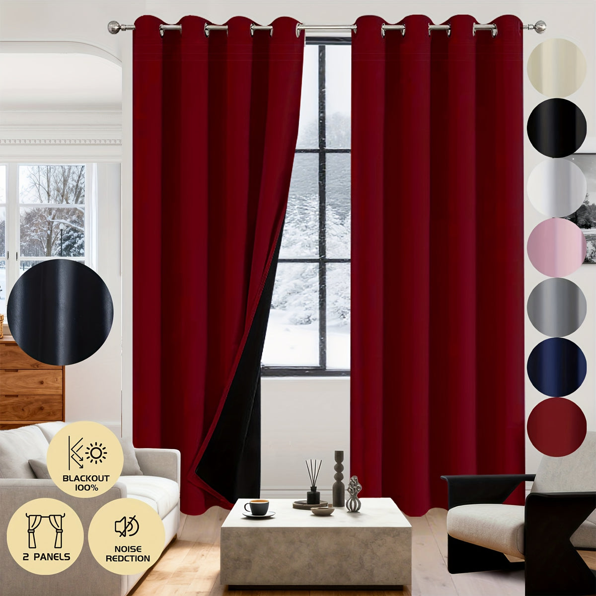 Rideaux occultants 100% blackout en polyester thermique (2 panneaux), hauteur 200 à 239 cm