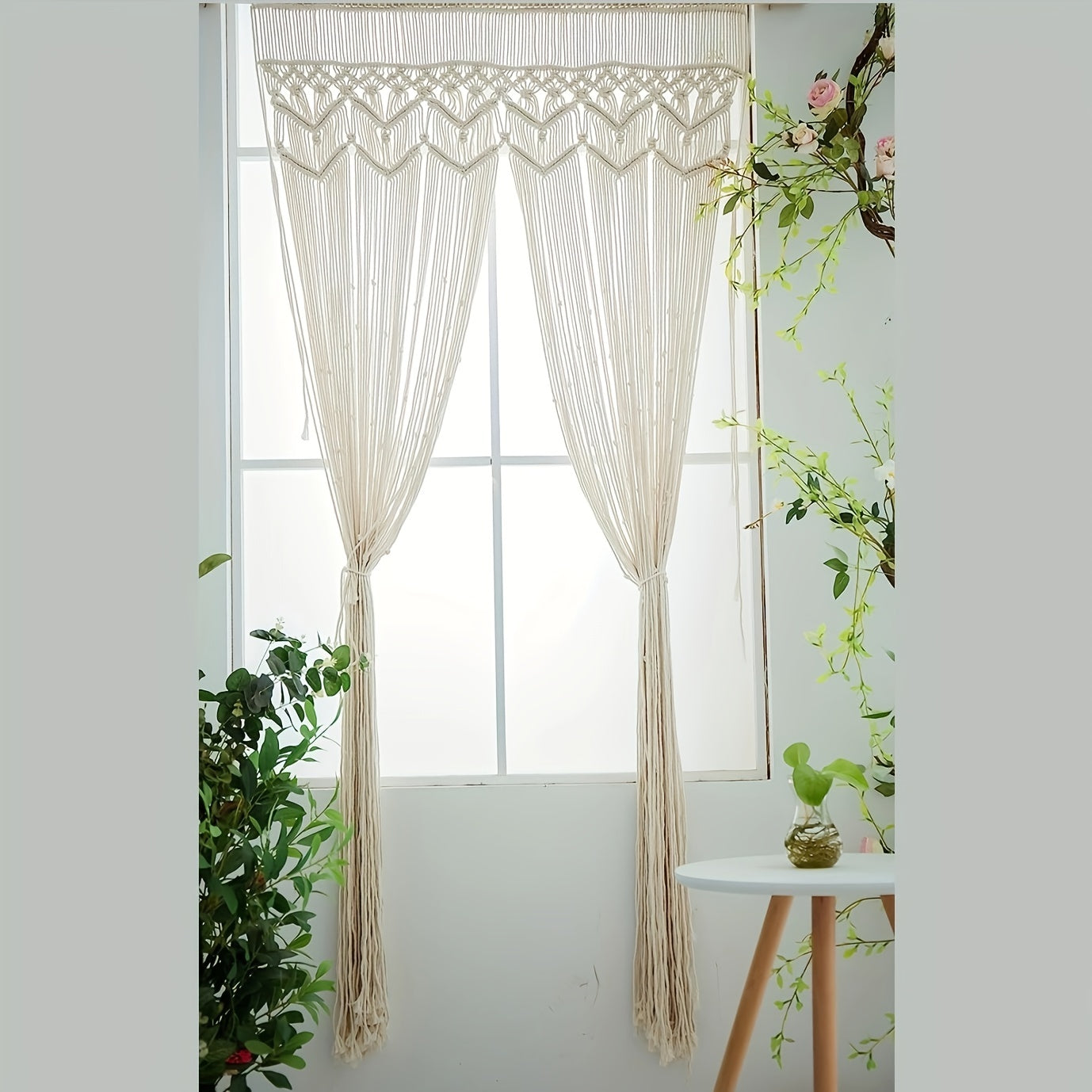 Rideau macramé bohème ajouré en fibres naturelles style ranch