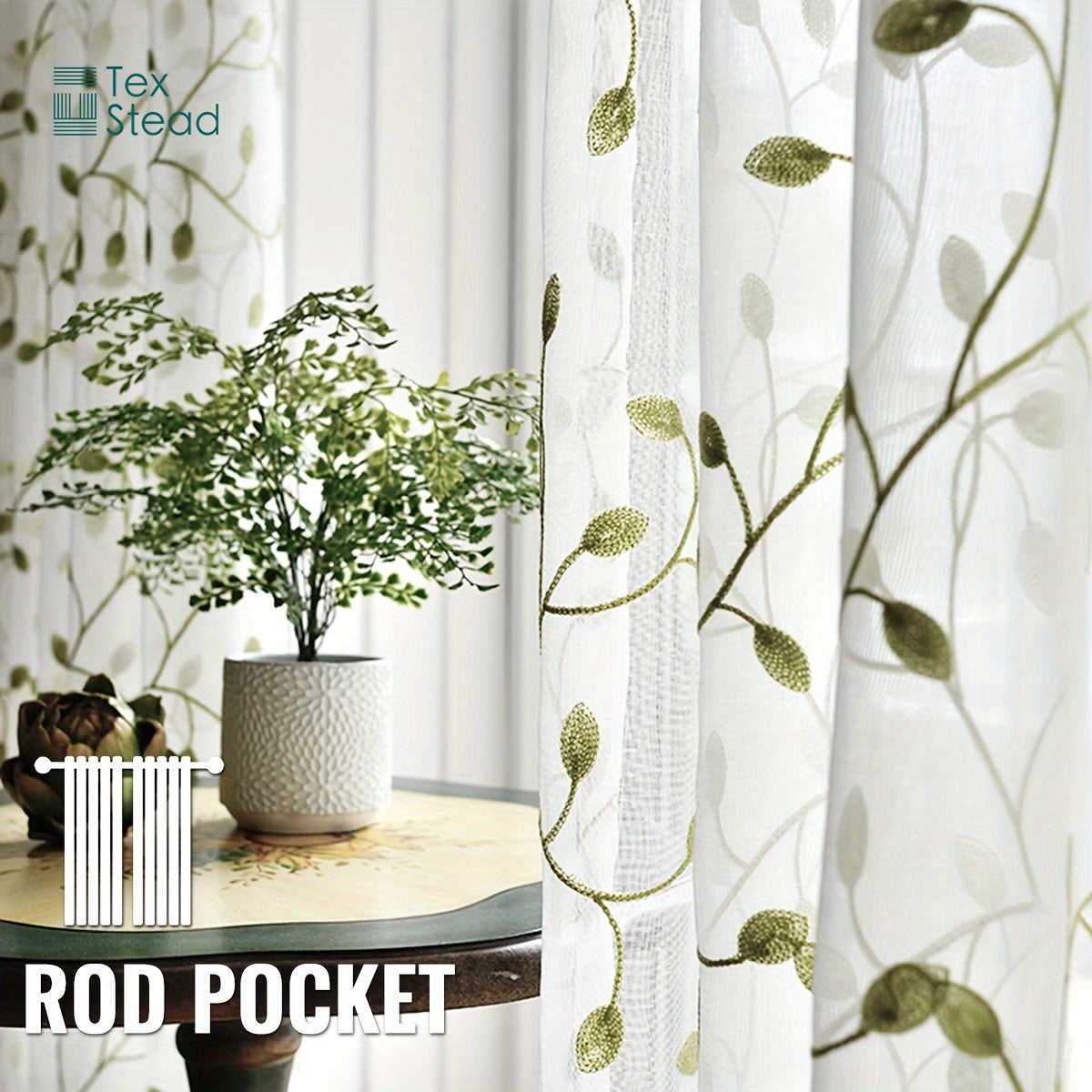 Rideau voilage brodé feuilles en polyester tamisant pour cuisine (1/2 panneaux)