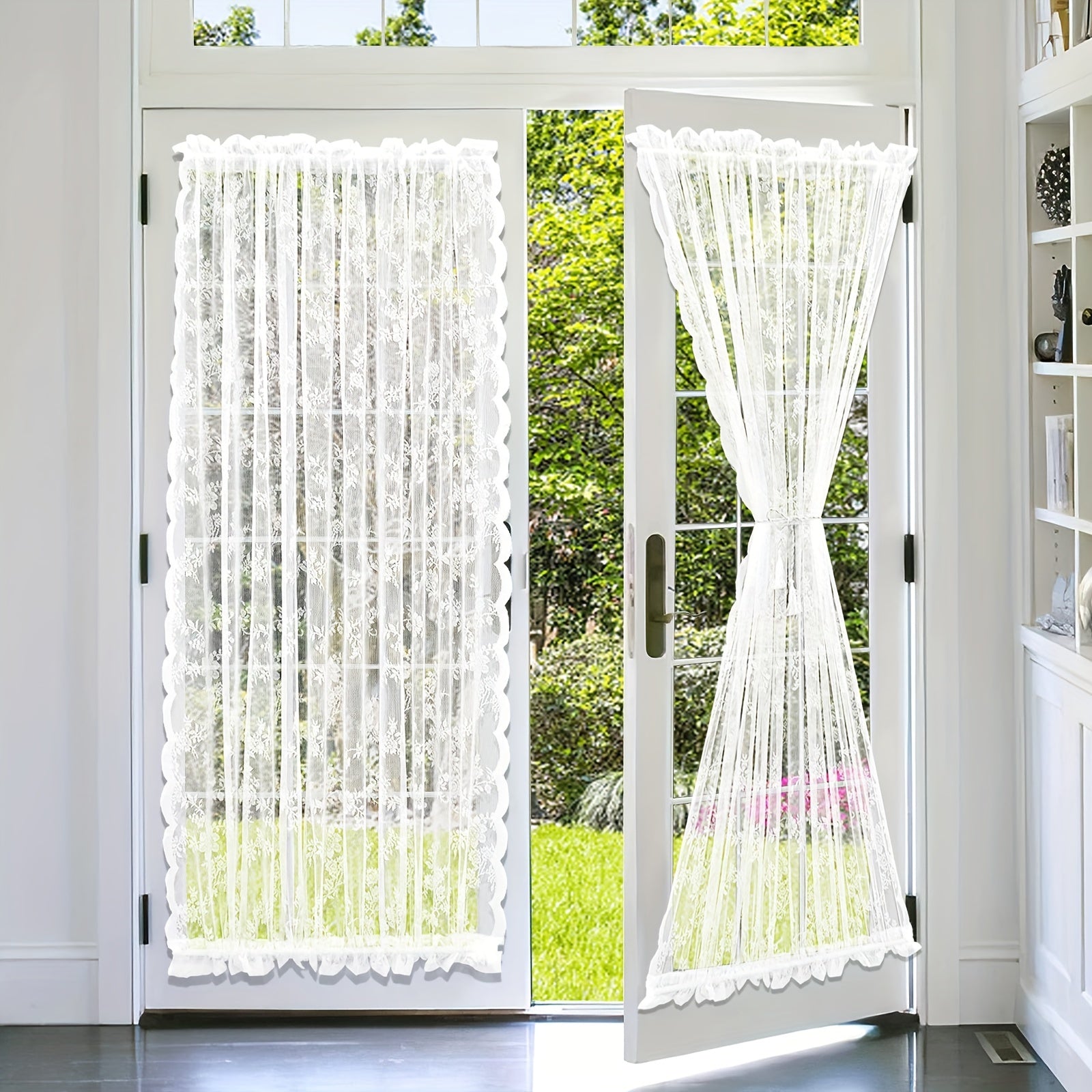 Rideau porte fenêtre en dentelle blanche semi-opaque à double passe-tringle