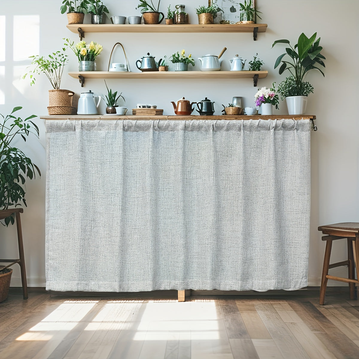 Rideau sous meuble uni style rural en polyester effet lin, gris clair Image