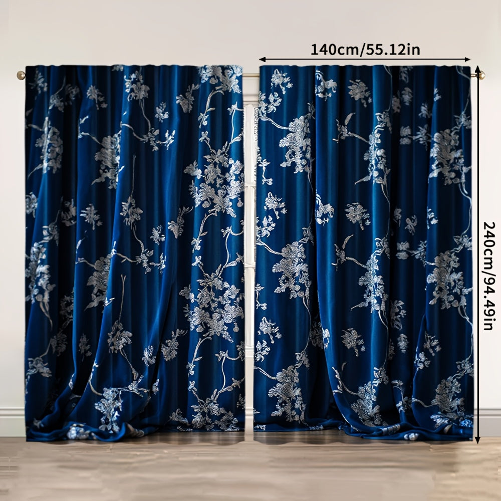 Rideaux tamisants bleu nuit à motifs floraux en polyester (2 panneaux)