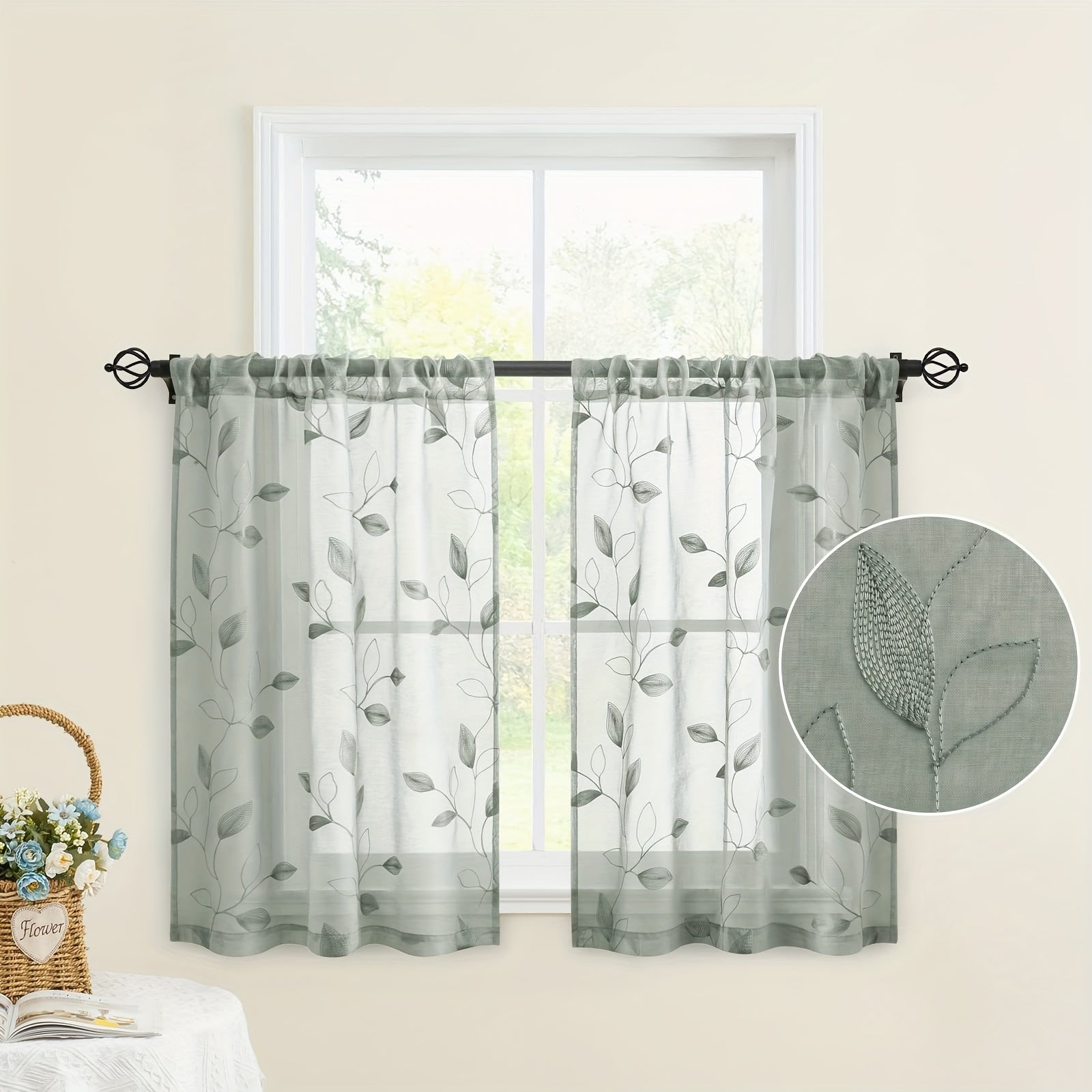 Rideaux voilage brodés motif feuilles style jardin pour salon et chambre (2 panneaux)