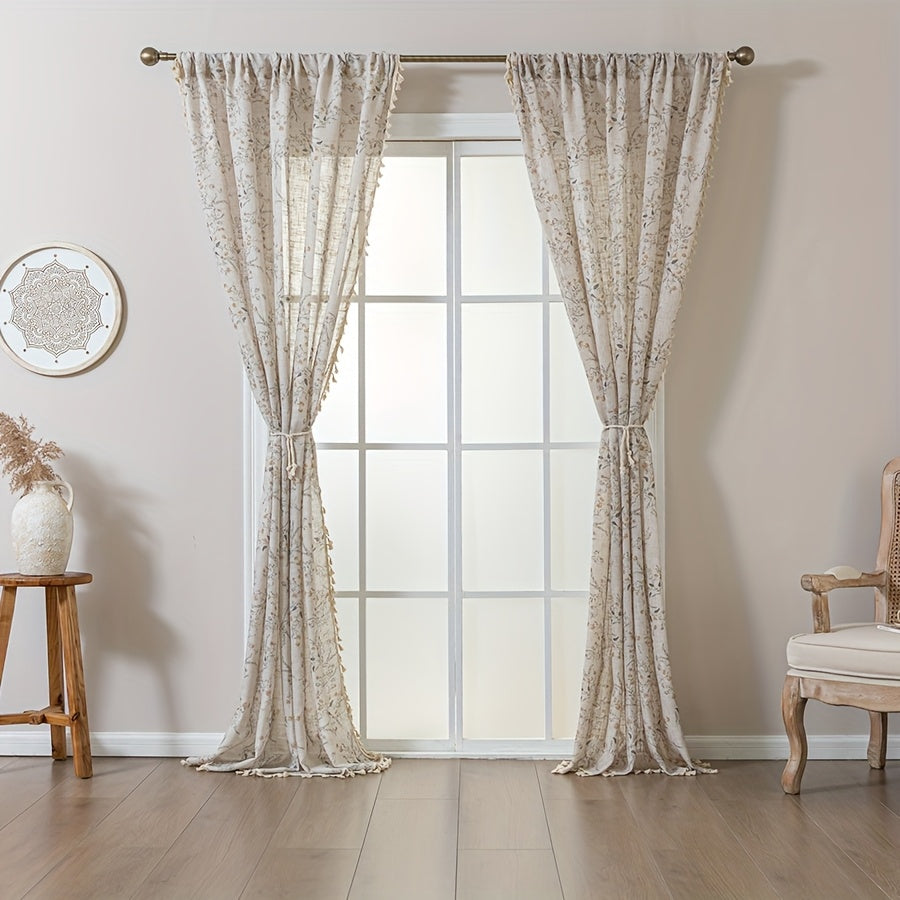 Rideau voilage fleuri style campagne chic avec pompons beige, largeur 140 à 199 cm