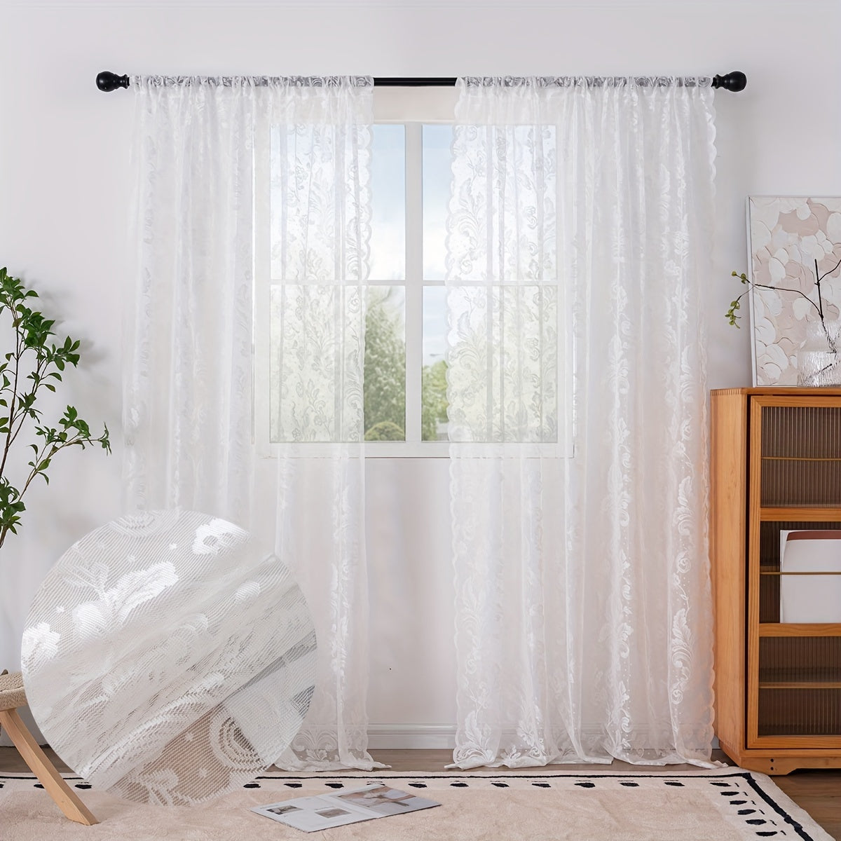 Rideaux voilages romantiques noirs – 2 panneaux à passe-tringle