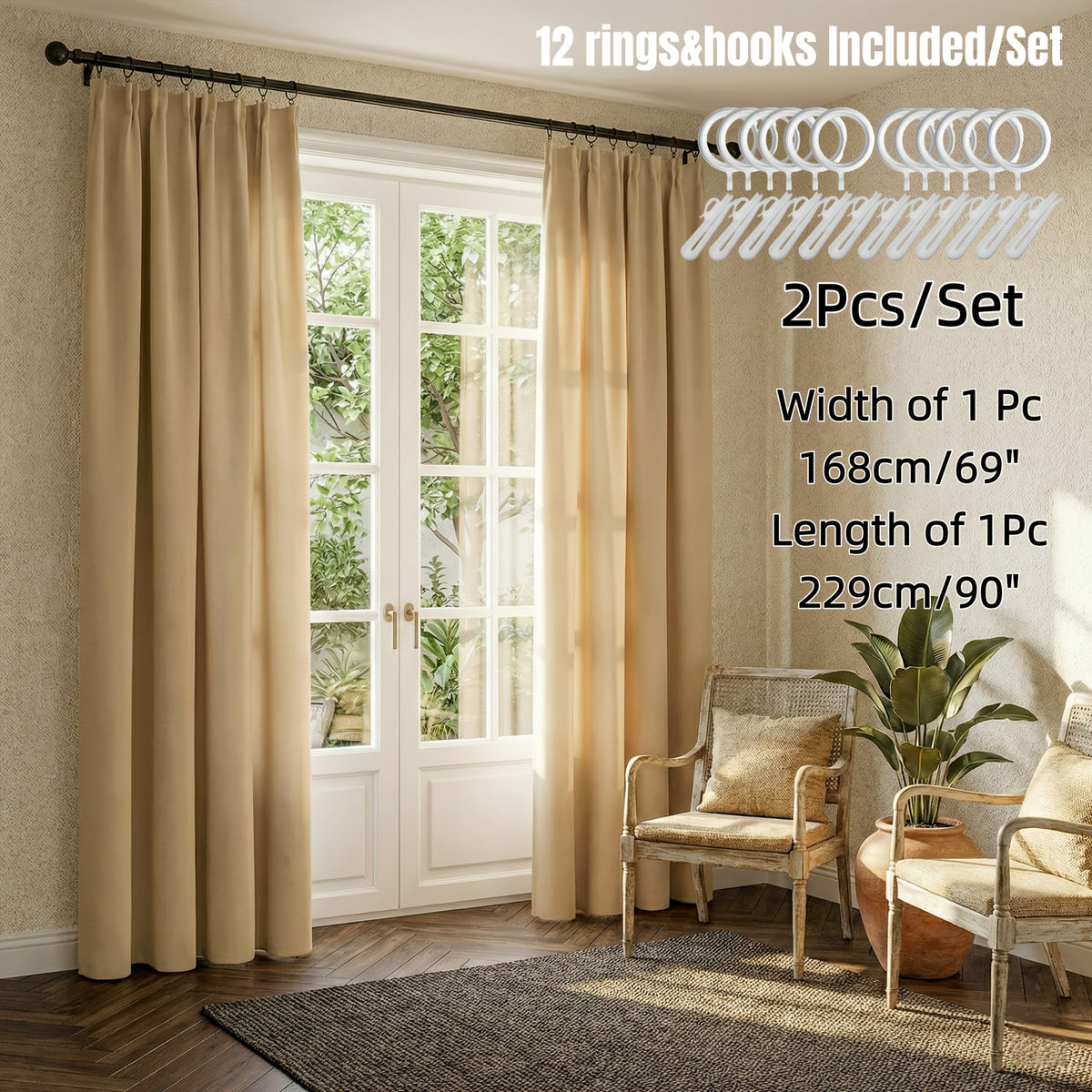 Rideaux occultants unis thermiques en polyester haute précision (2 pan, beige