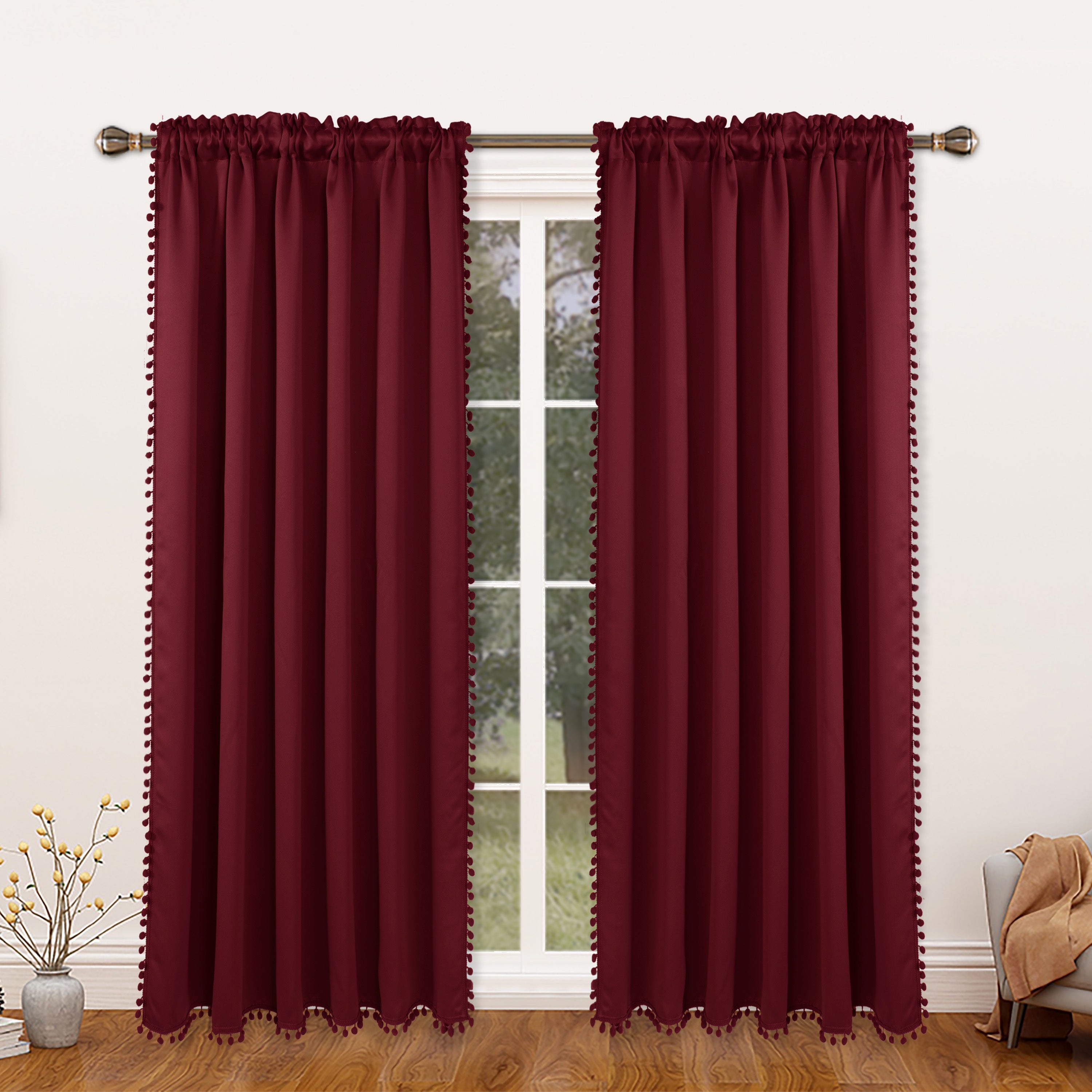 Rideau occultant thermique avec galon pompons pour salon et chambre