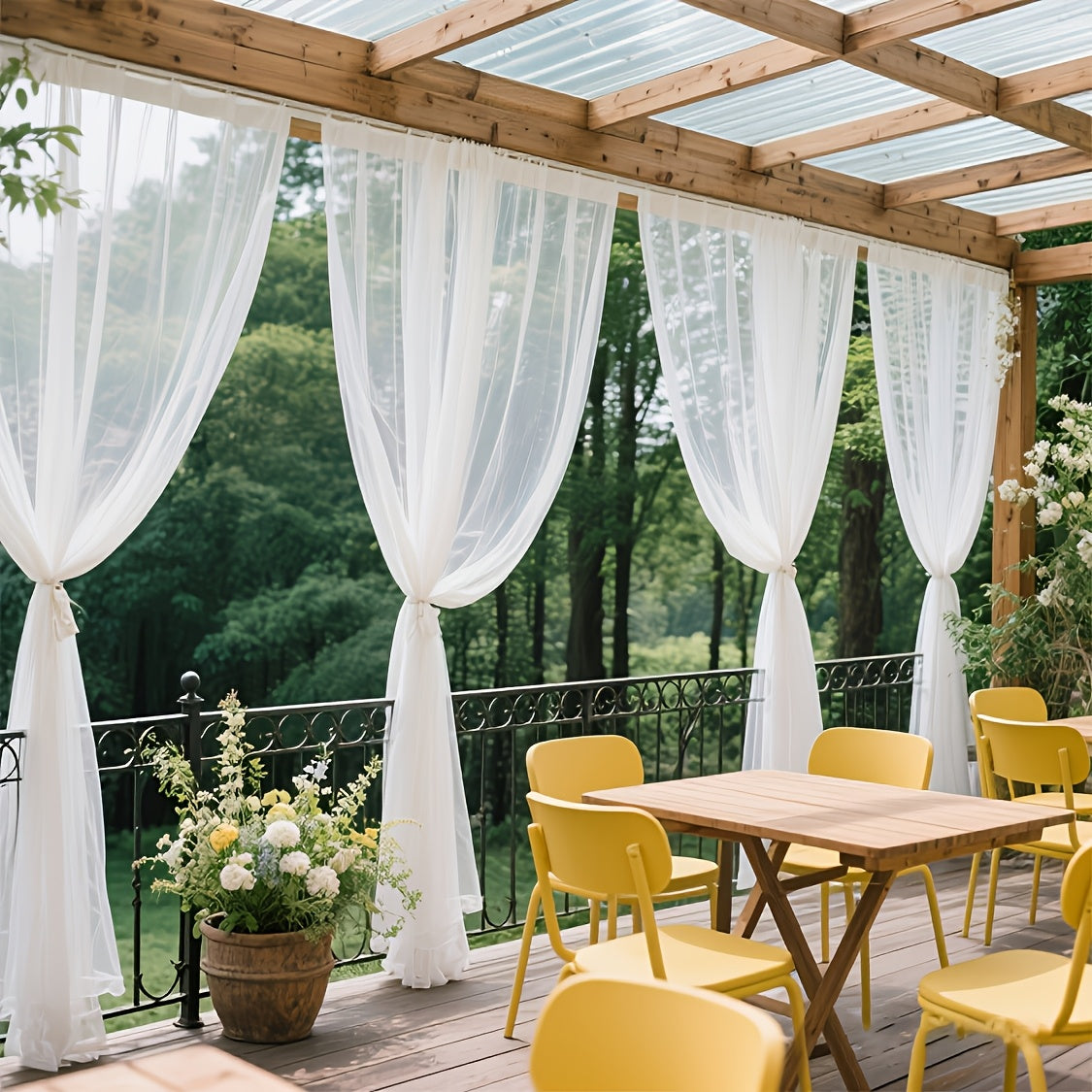 Rideau extérieur voilage blanc pour pergola et terrasse (2 panneaux), largeur 200 à 299 cm