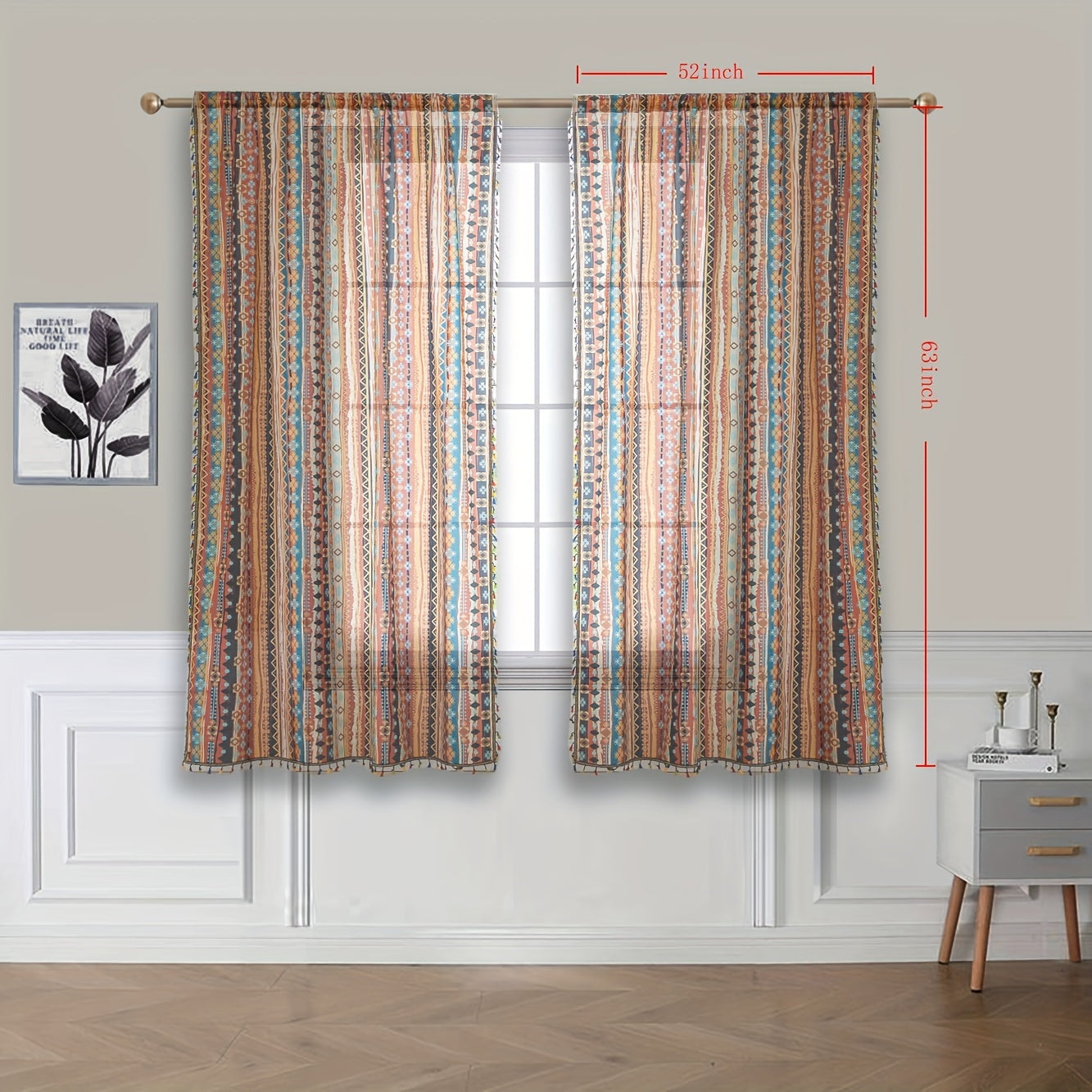 Rideau voilage bohème à rayures multicolores avec pompons (2 panneaux)