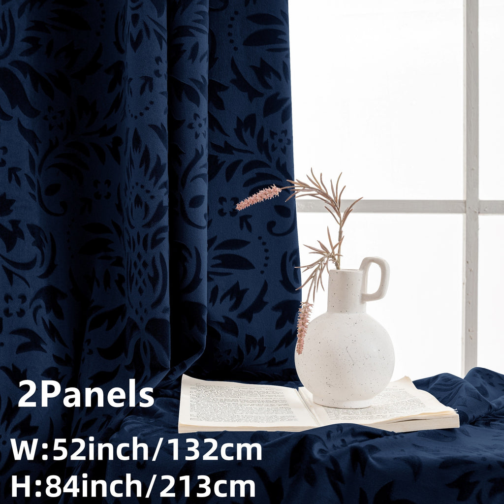 Rideaux velours à motifs floraux européens vert émeraude (2 panneaux), bleu foncé