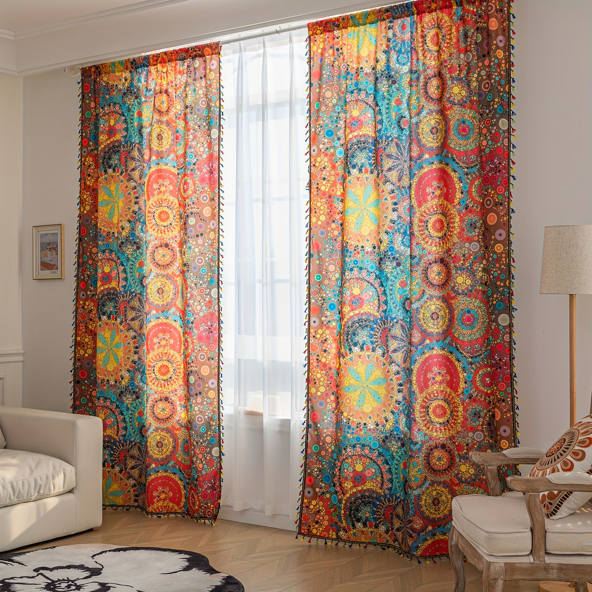 Rideaux bohèmes colorés à motifs mandala et pompons (2 panneaux), largeur 100 à 139 cm