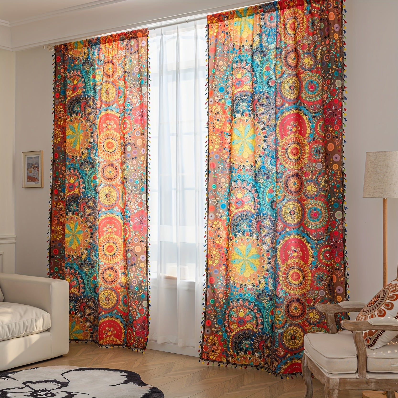 Rideaux bohèmes colorés à motifs mandala et pompons (2 panneaux)