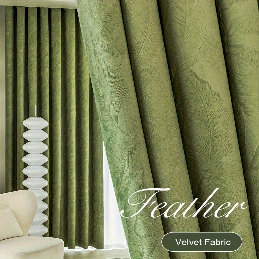Rideaux occultants velours vert motif feuille pour salon (2 panneaux)