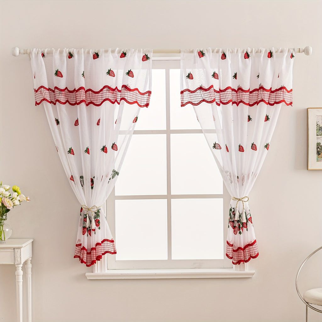 Rideaux courts brodés fraises style bohème, largeur 140 à 199 cm