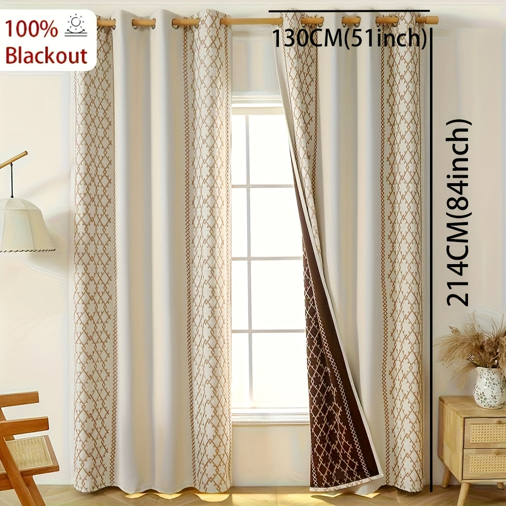 Rideaux occultants brodés beige en polyester style bohème (2 panneaux)