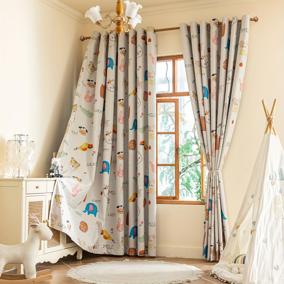 Rideau occultant enfant imprimé animaux en polyester (1 panneau), largeur 100 à 139 cm