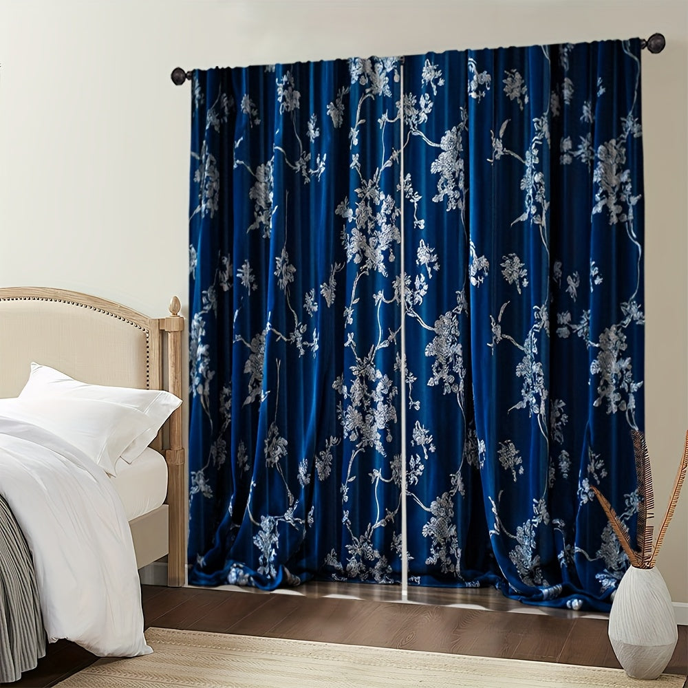 Rideaux tamisants bleu nuit à motifs floraux en polyester (2 panneaux)