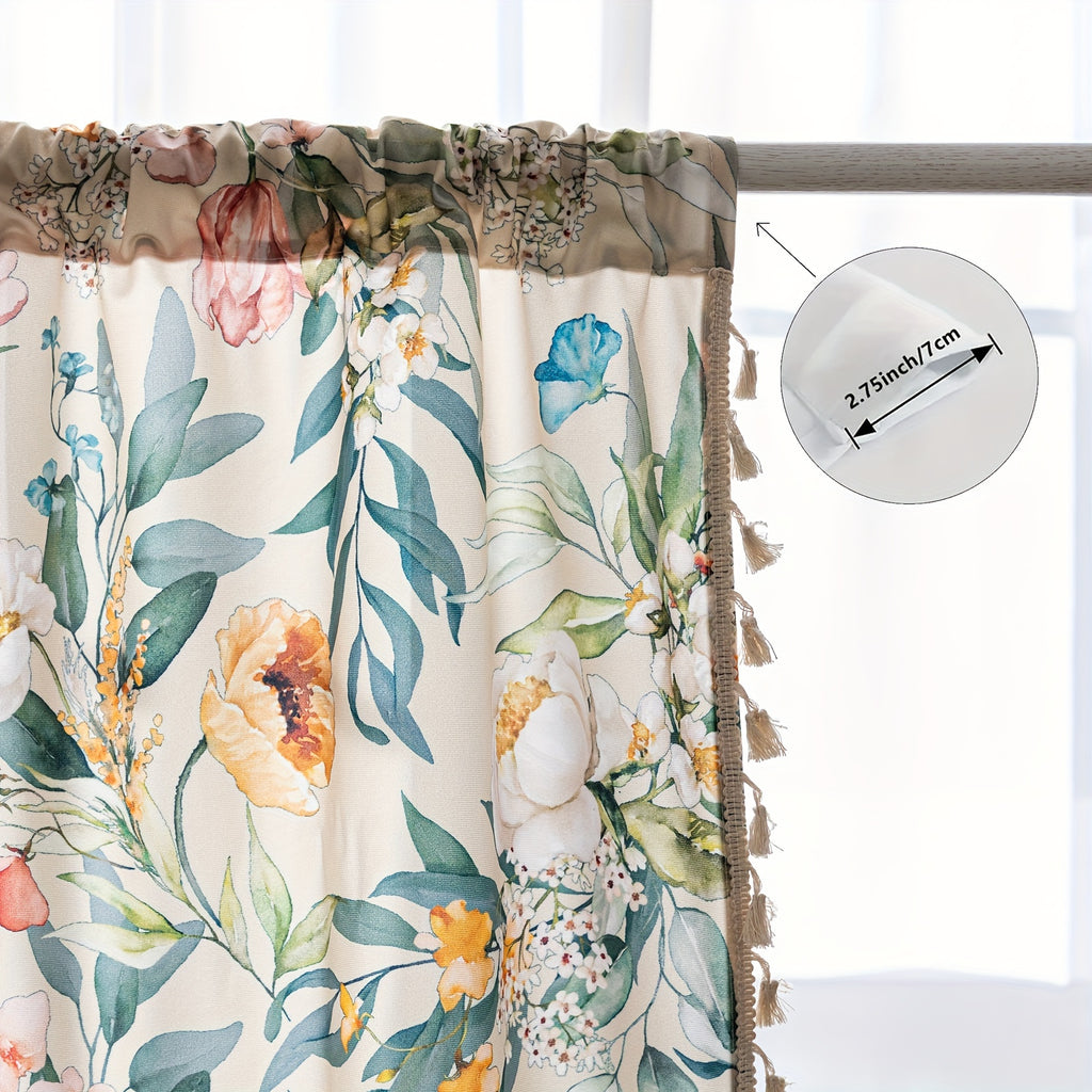 Rideaux bohème fleuris multicolores avec pompons, largeur 100 à 139 cm