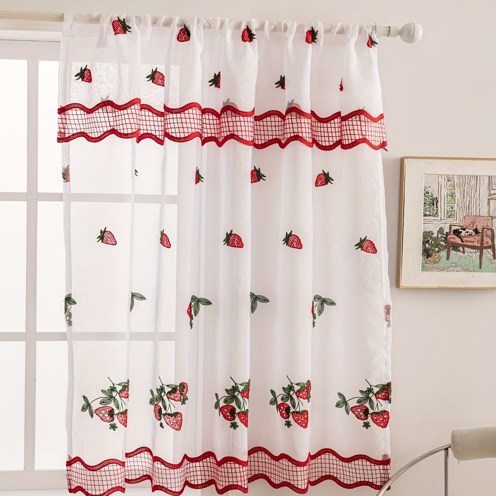 Rideaux courts brodés fraises style bohème pour cuisine (2 panneaux)