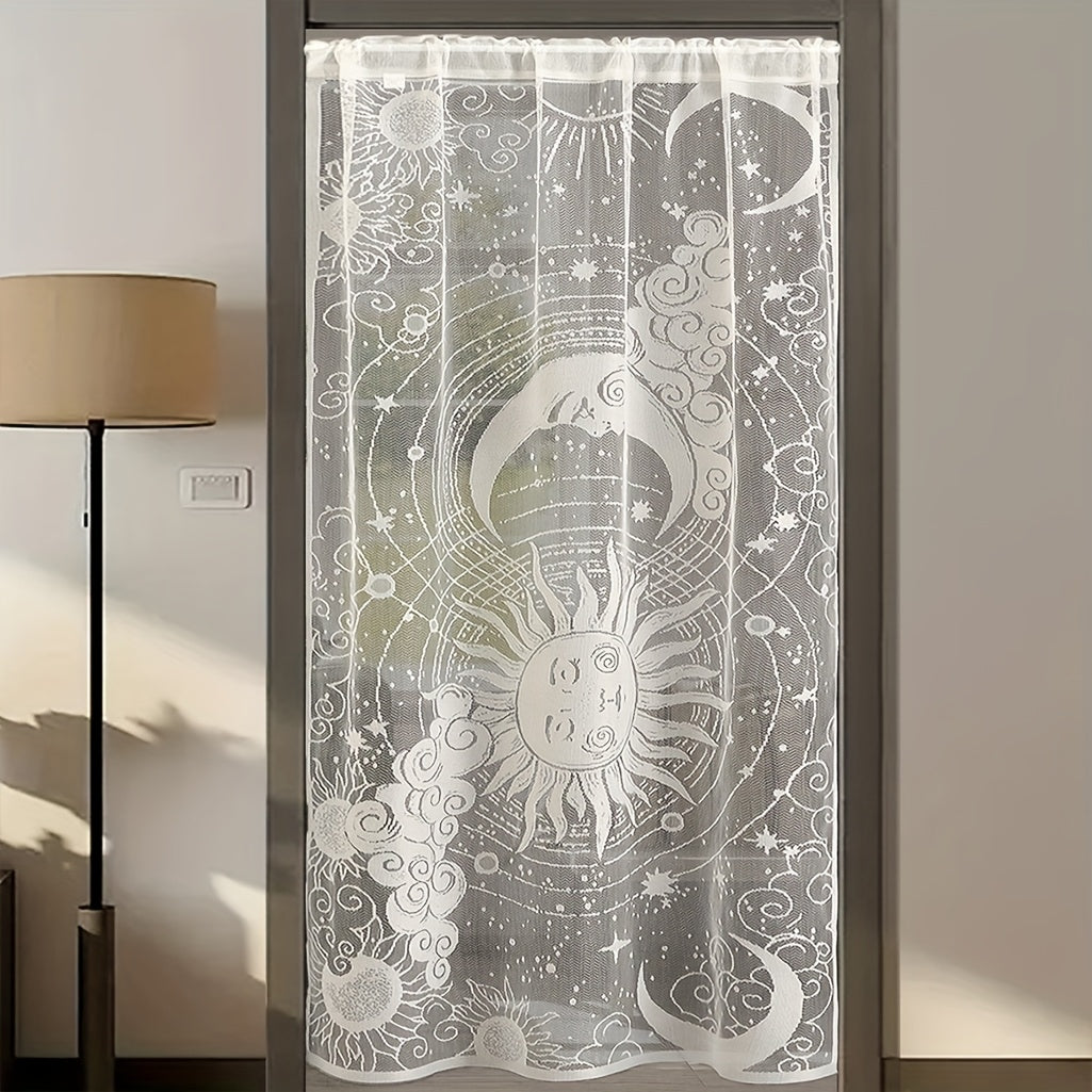 Rideau porte en dentelle soleil et lune semi-transparent en polyester